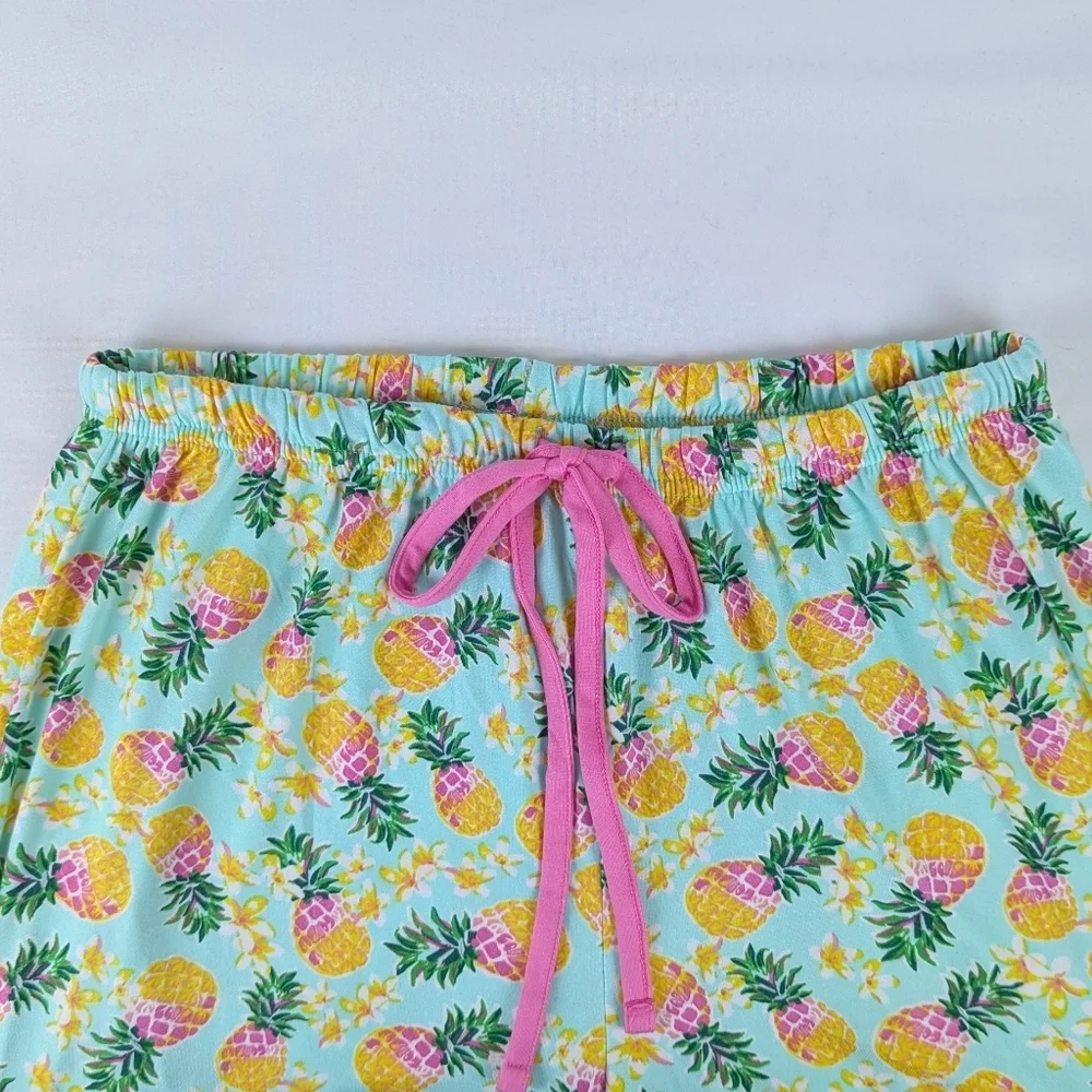 Pillow Talk Tropical Pineapple Print PJ Set Short Sleeve Top Pants Aqua M NWT - Picture 3 of 12